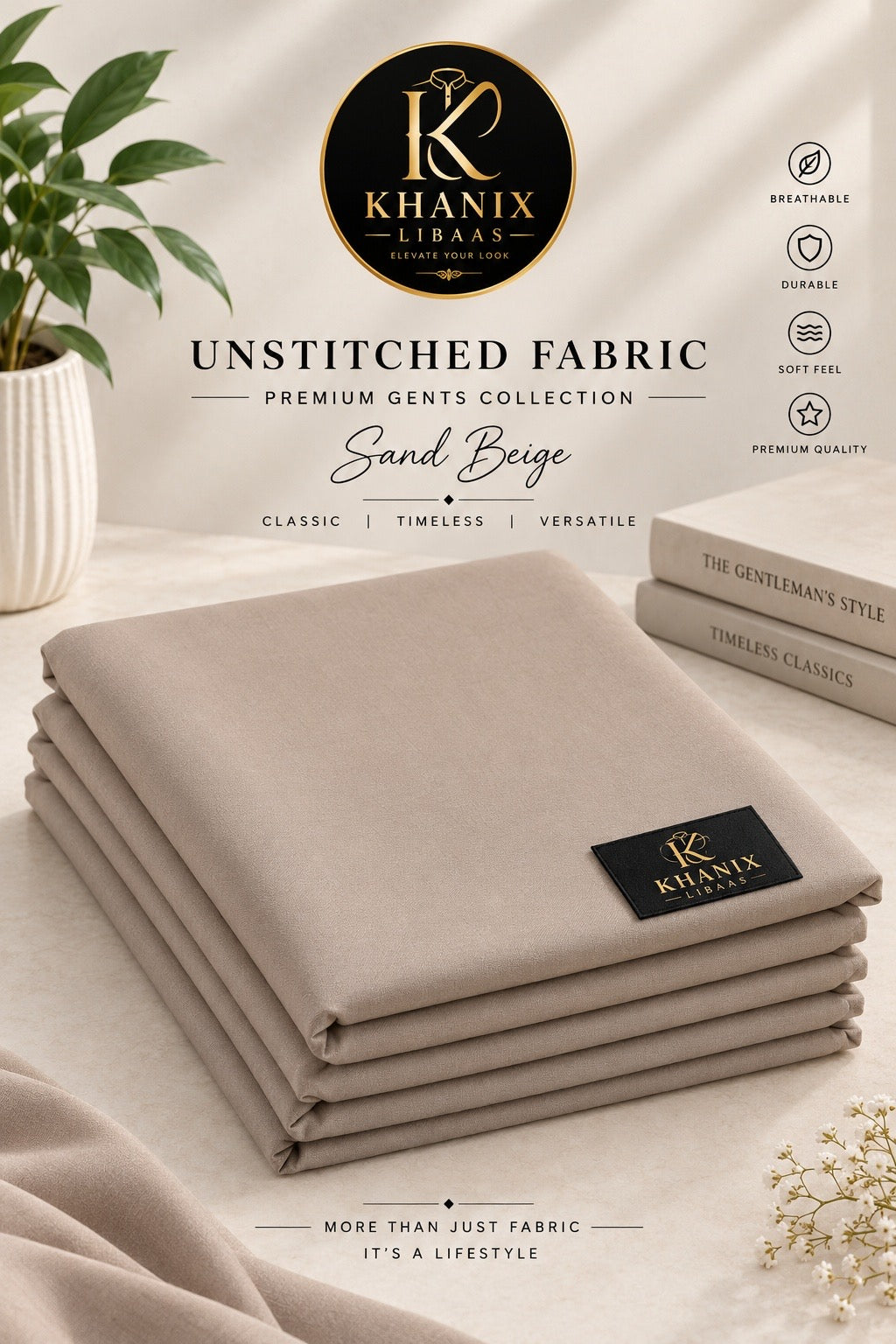 KHANIX LIBAAS – Sand Beige | Premium Unstitched Fabric
