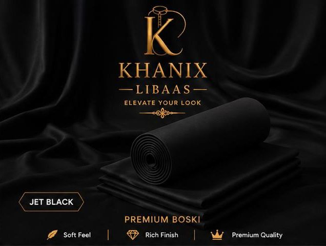 A rolled and folded piece of Khanix Libaas premium boski fabric in jet black, set against a draped black satin background with gold branding and text overlays.