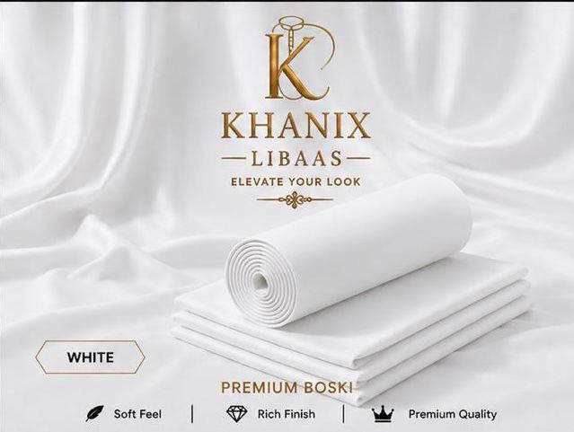 White rolled and folded fabric sheets on a draped satin-like white background, with the brand name KHANIX LIBAAS and text indicating white premium boski sheets, soft feel, rich finish, and premium quality.