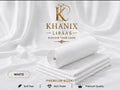 White rolled and folded fabric sheets on a draped satin-like white background, with the brand name KHANIX LIBAAS and text indicating white premium boski sheets, soft feel, rich finish, and premium quality.