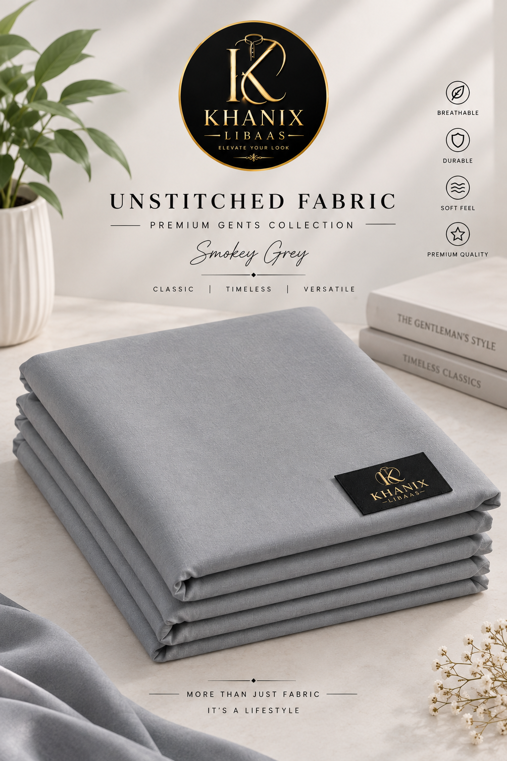 Smokey Grey Premium Wash & Wear Unstitched Fabric